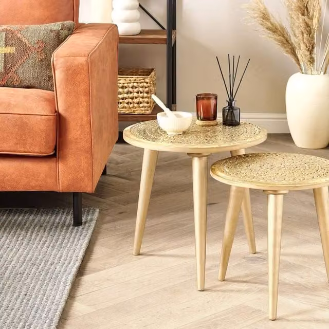 Wyld and Coco Set of 2 Gold Distressed Carved Mango Wood Side Tables