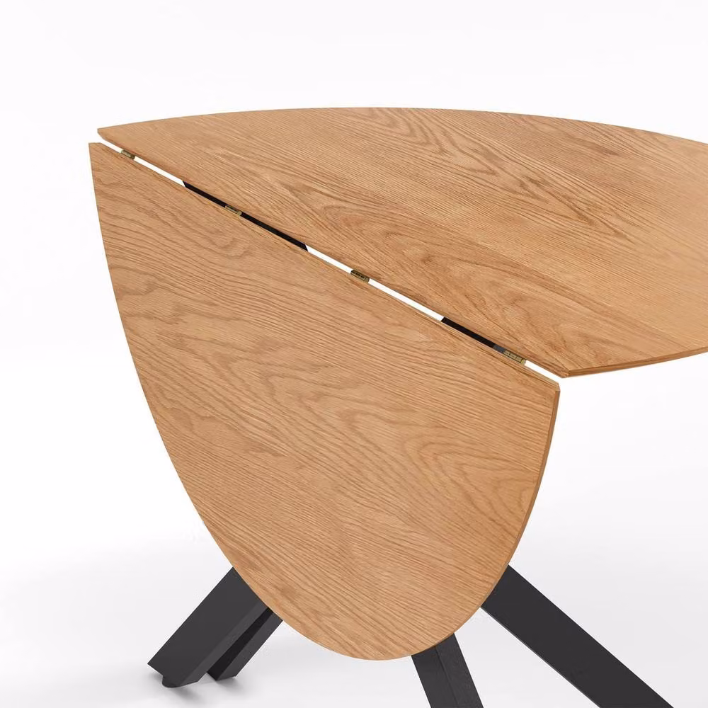 CALICOSY Round Folding Drop Leaf Table in Oak and Black Metal Finish, Diameter: 110 cm, Height: 75 cm – 3