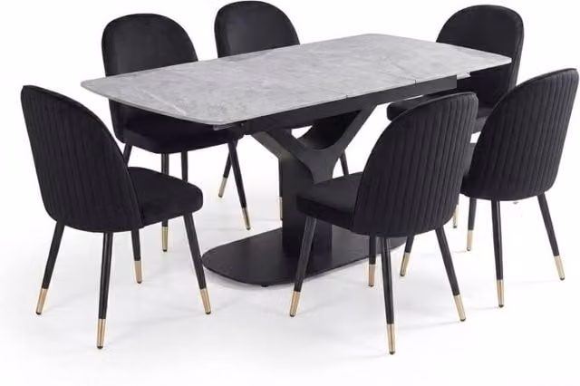 Home Luxe Interior Sapphire Extending Grey Quartz Dining Table and 6 Black Liza Chairs – 1