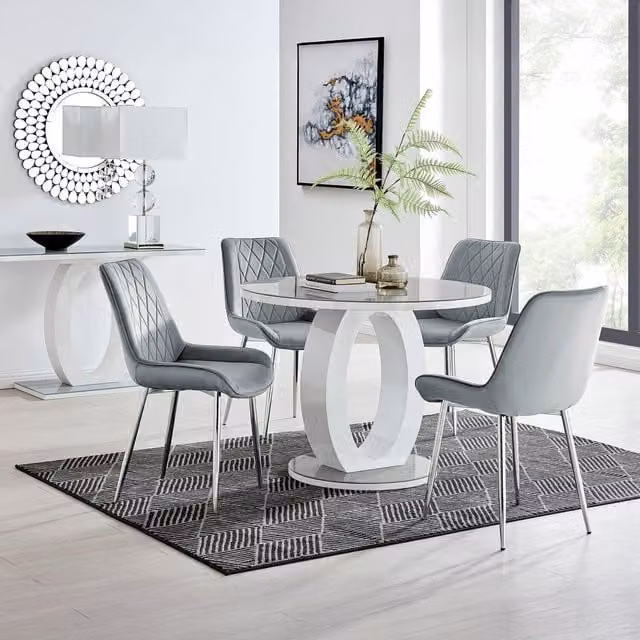 FurnitureboxUK Giovani Round Grey Glass Dining Table with 4 Pesaro Silver Leg Chairs