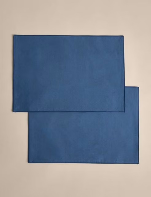 M&S Set of 2 Blue Chambray Cotton and Linen Embroidered Edge Rectangular Placemats