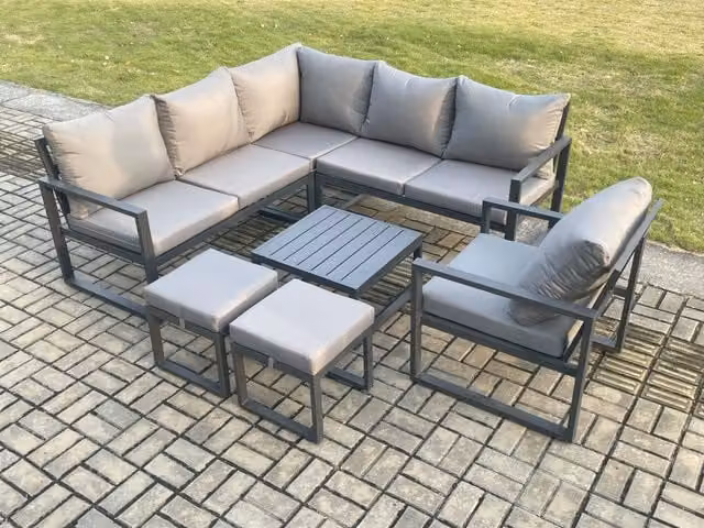 Fimous Outdoor Garden Furniture Set in Dark Grey, featuring a Powder Coated Aluminium L-Shape Lounge Sofa, Square Coffee Table, Chair and 2 Small Footstools