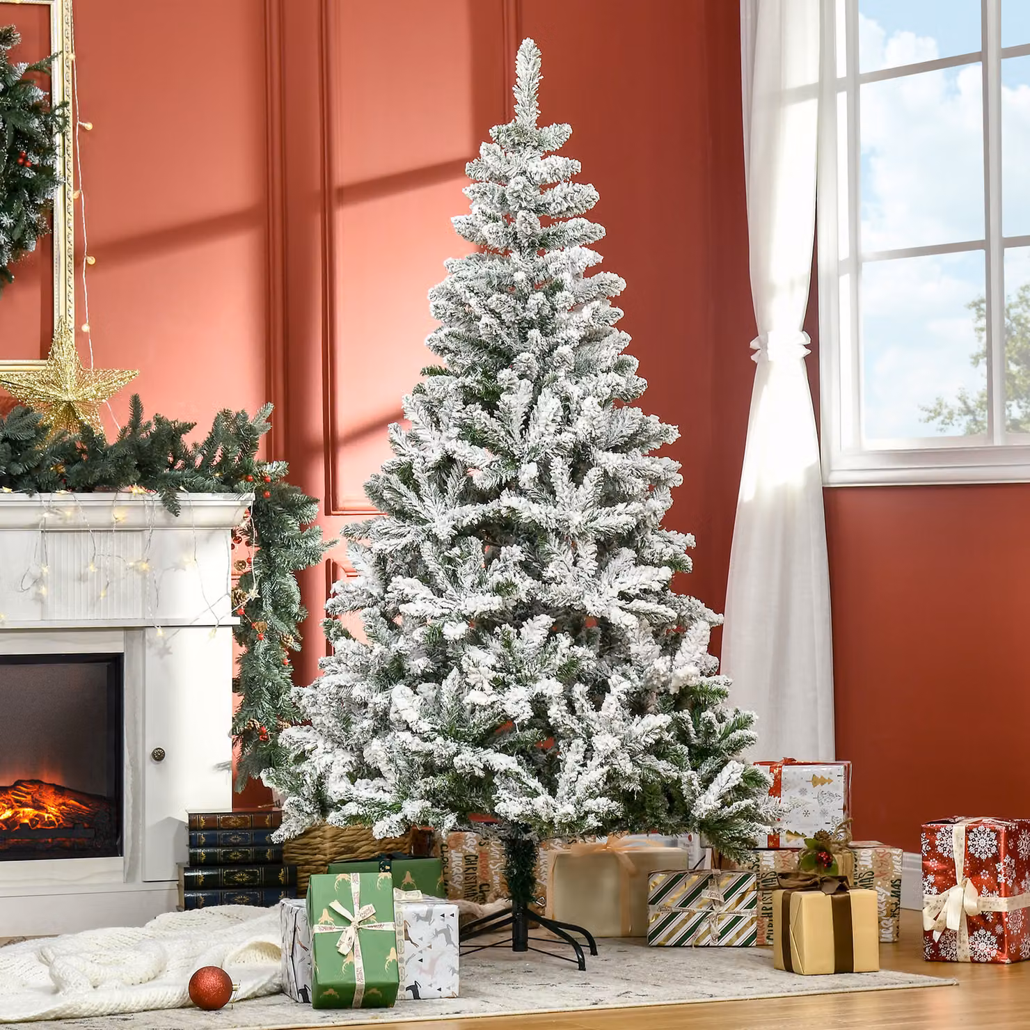HOMCOM 6 Foot Snow Flocked Artificial Christmas Tree with 750 Realistic Branches and Steel Base, Green and White – 2