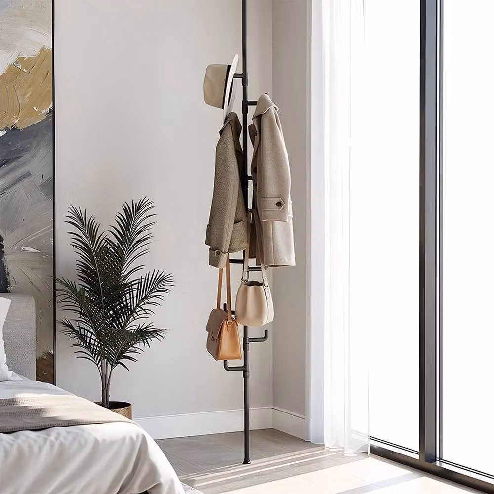 FORGEVIO Black Adjustable No-Drill Tension Clothes Rail with 6 Hooks, Metal Hanging Rail, Width: 50 cm – 3