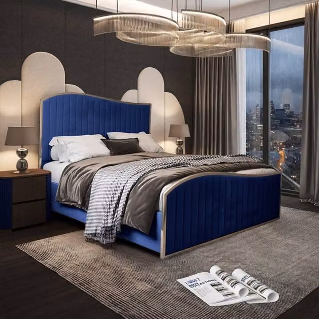 KDMD Hurstpierpoint Double Velvet Upholstered Metal Bed Frame in Blue, W/D/H: 140 x 200 cm