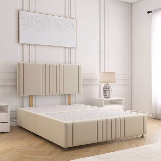 BSSPOKE Hazel King Size Divan Bed with 24 inch Plush Velvet Headboard in Cream