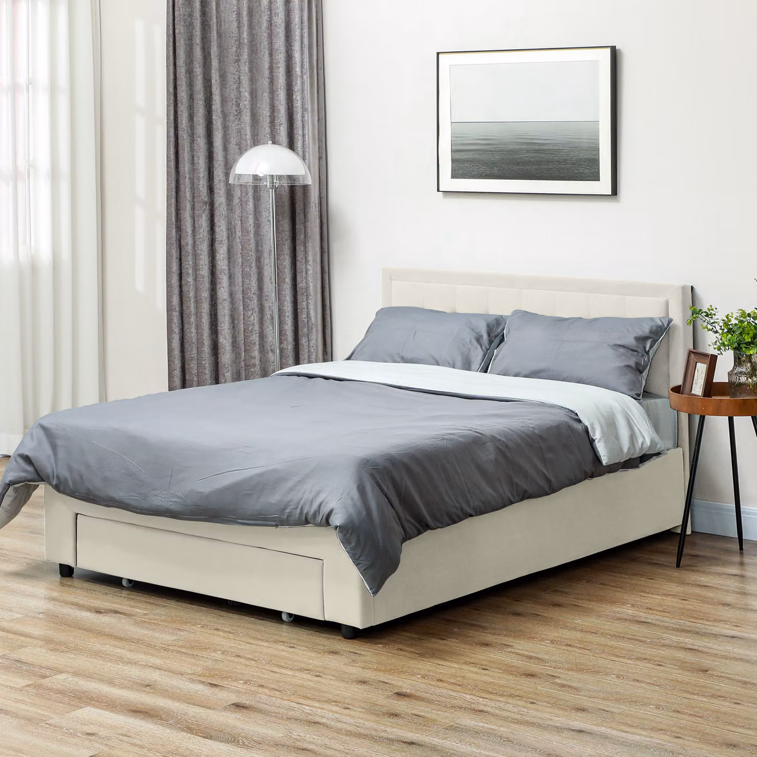 HOMCOM Modern Velvet Double Ottoman Bed Frame with Lift-Up Base and Storage, Beige/White, W: 140 cm, L: 200 cm, H: 193.5 cm – 5