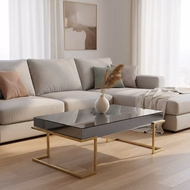 Orsina Premier Kaso Modern Rectangular Glass and Metal Coffee Table in Gold and Grey, W/D/H: 120 x 60 x 46 cm – 1