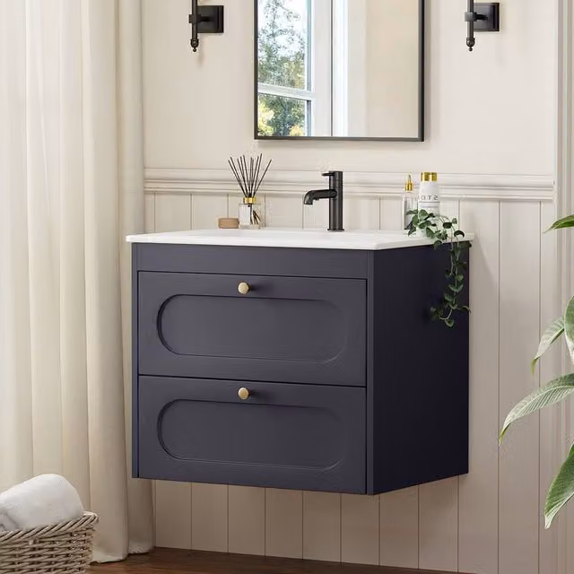 KEEPREAPER Sleek Under Sink Bathroom Cabinet with Ceramic Wash Basin in Dark Grey and Gold