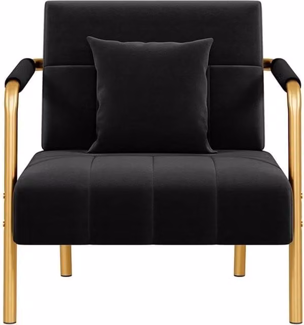 Kelvenix Black Velvet Accent Armchair with Gold Details and Pillow, Width: 75.5 cm – 1