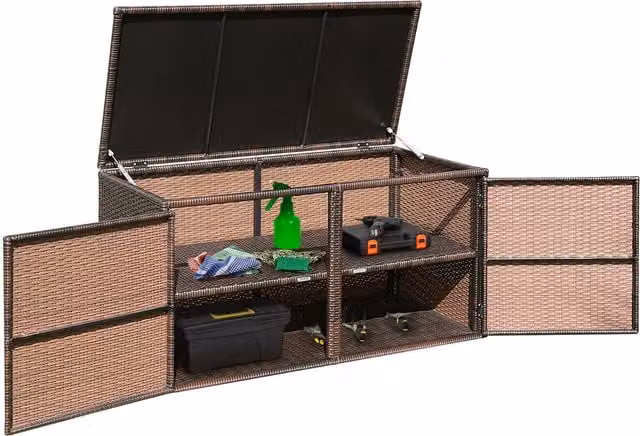 COSTWAY 330L Brown PE Wicker Outdoor Storage Box with Metal Frame
