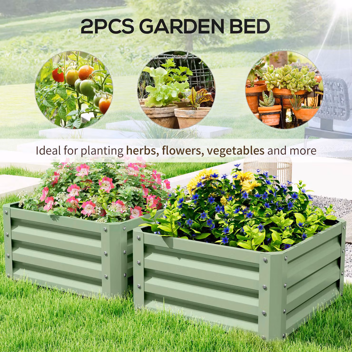 Outsunny Set of Two Green Galvanised Steel Raised Planter Boxes, W/D/H: 60 x 60 x 60 cm – 3