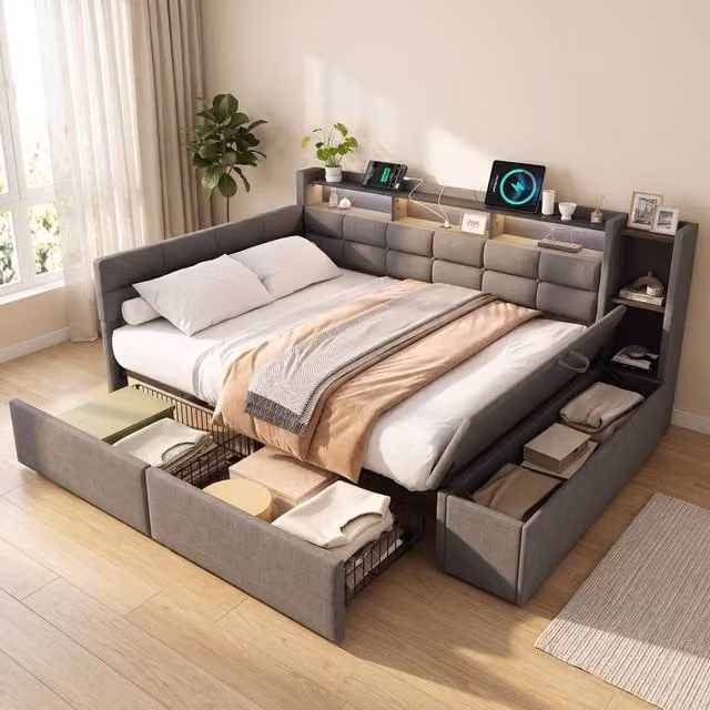 STILVORA Double Upholstered Bed in Grey with LED Lighting, USB Charging Ports and Storage Drawers, W/D/H: 140 x 200 cm – 1