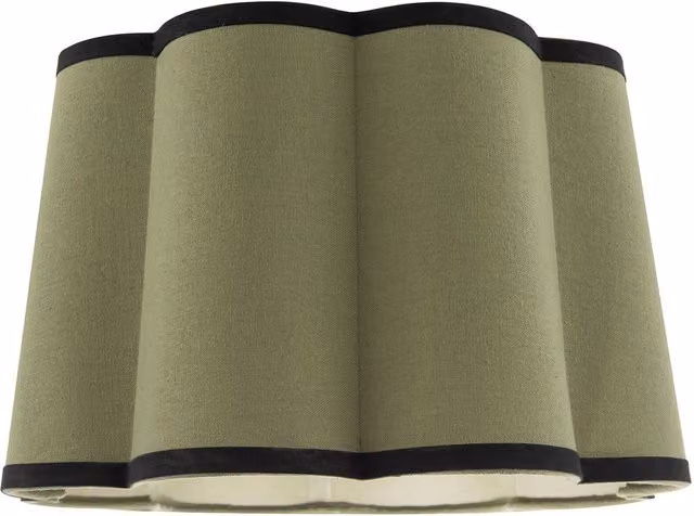 Happy Homewares Olive Green Linen Scallop Drum Lamp Shade with Black Cotton Trims, Diameter: 35 cm, Height: 23 cm