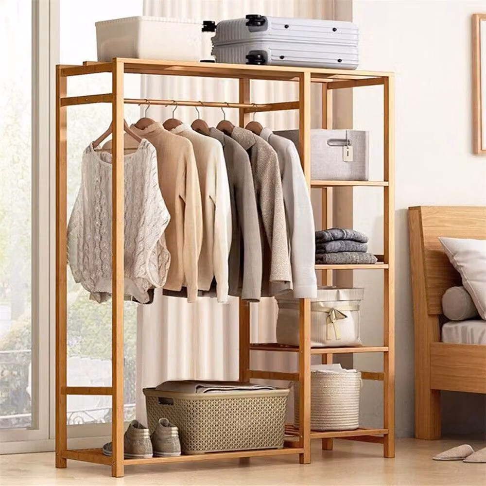 EONLION Natural Bamboo Clothes Rail and Open Wardrobe Corner Cabinet – 4