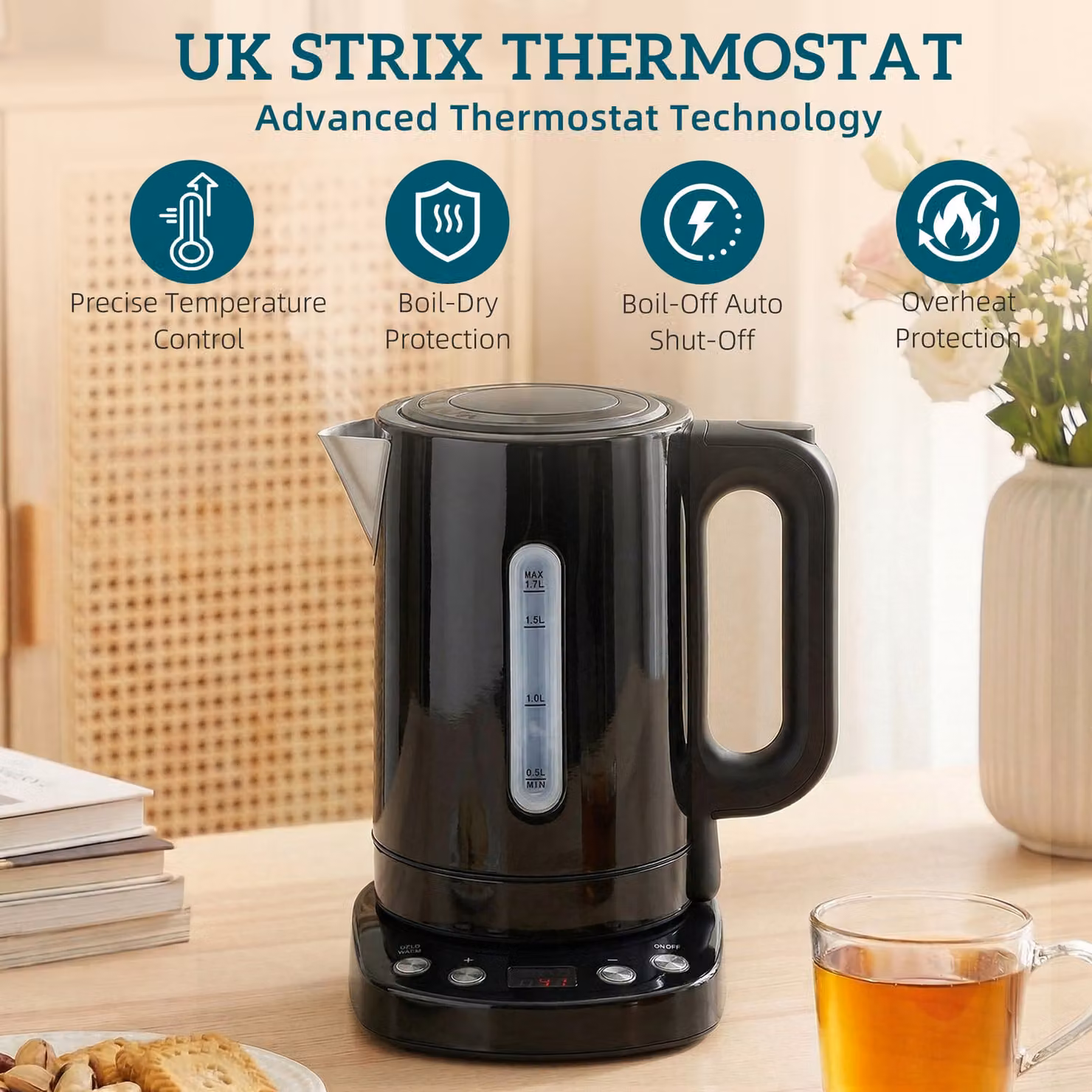 HOMCOM Electric Kettle with Keep Warm Function and LCD Base, Black, 1.7 l – 5