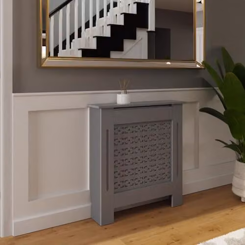 FWStyle Grey Geometric Small Radiator Cover Shelf Cabinet W: 82.3 cm, H: 78 cm, D: 19 cm – 2