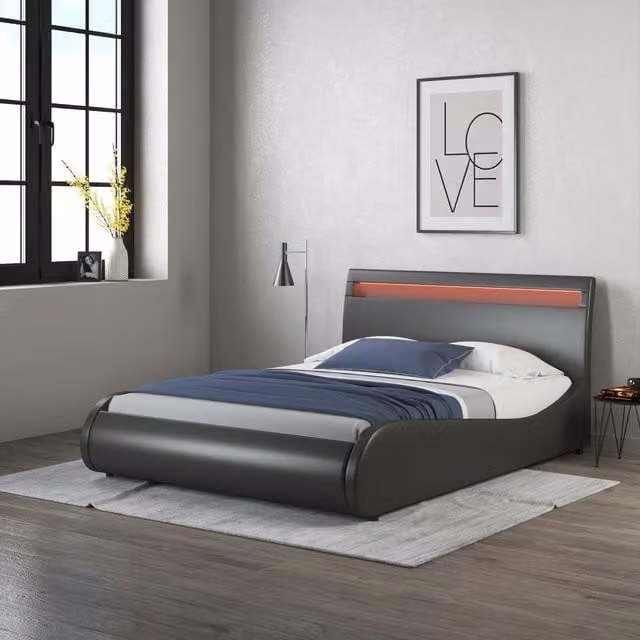 SlumberWorx Orion LED Lights Upholstered Faux Leather Bed Frame with Under Bed Lighting, Black, W/D/H: 120 x 200 cm