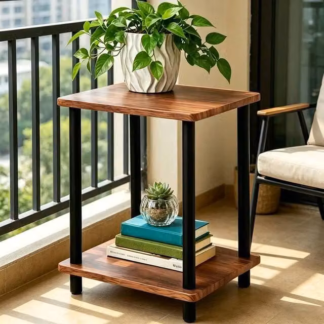 KORVIXA 2 Tier Modern Brown Wood Side Table and Nightstand W/D/H: 100 x 100 x 100 cm – 1