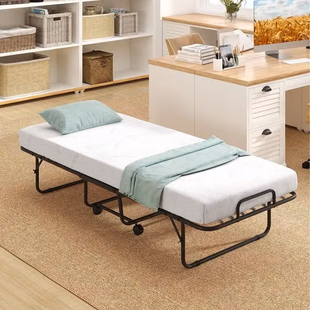 COSTWAY White Metal Folding Rollaway Bed with Foam Mattress