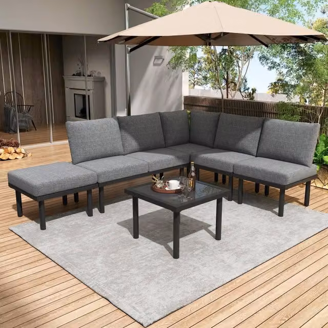Direct Wicker 6-Person L-Shape Grey Garden Lounge Set with Powder Coated Steel Frame, Upholstered Armchairs and Coffee Table