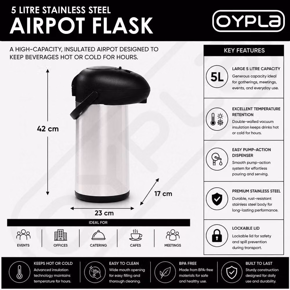 Oypla Stainless Steel Insulated Vacuum Thermal Airpot Flask, 5 l, Silver – 2