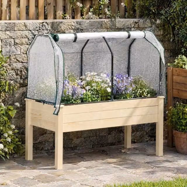 STILVORA Raised Wooden Garden Bed with PE Cover in Sand, W/D/H: 117 x 55 x 55 cm – 1