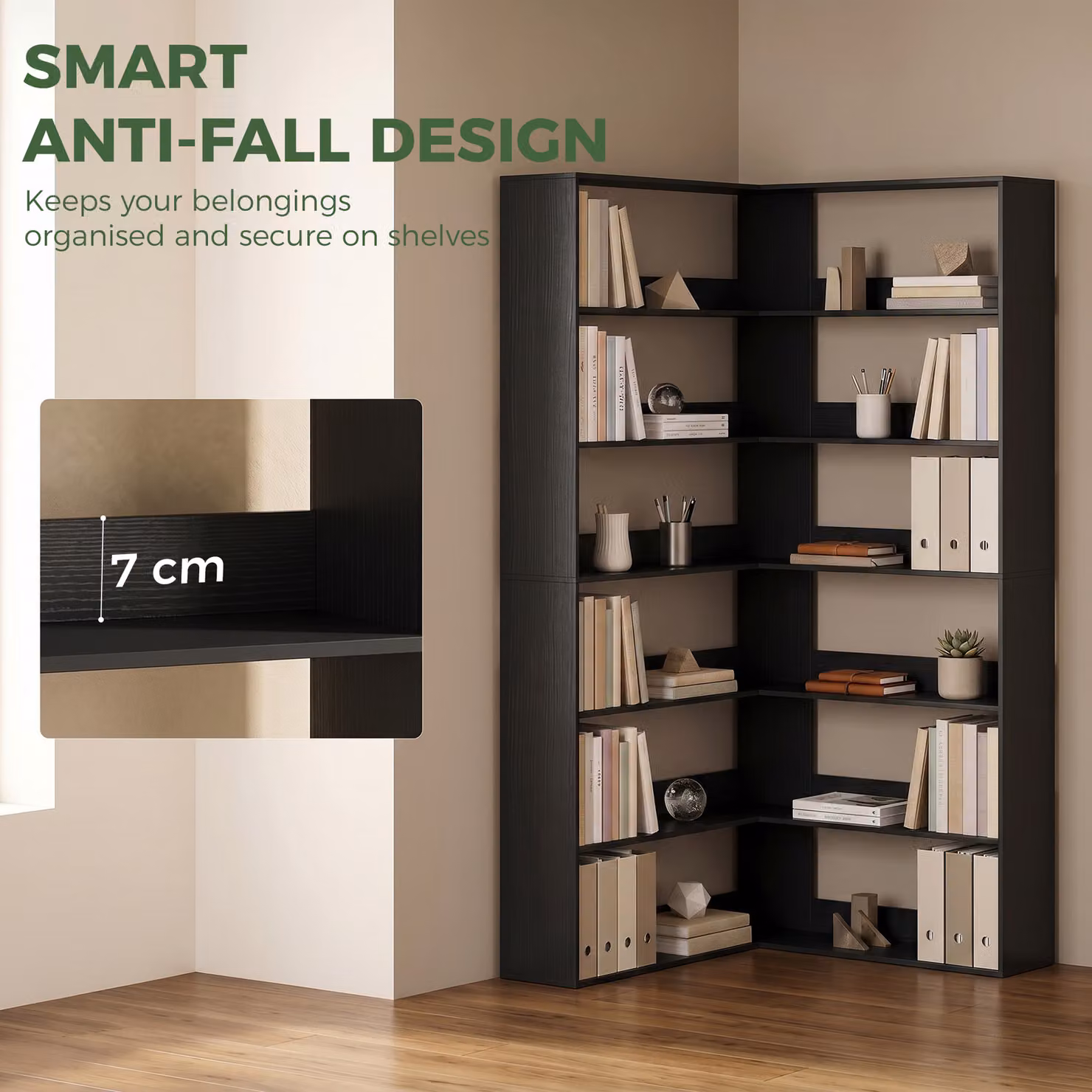 HOMCOM 7-Tier L-Shaped Corner Bookshelf in Black Wood Effect – 5