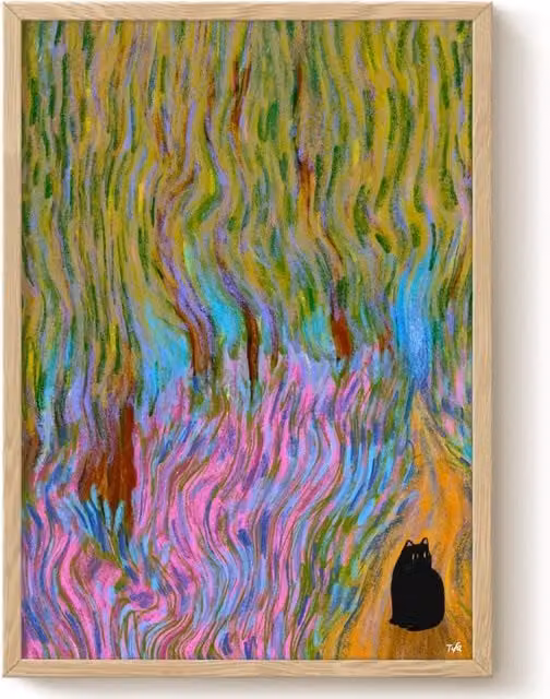 The Paper Tail Forrest Black Cat Arty Illustration Paper Poster, Multicolour, Size: 14.8 cm