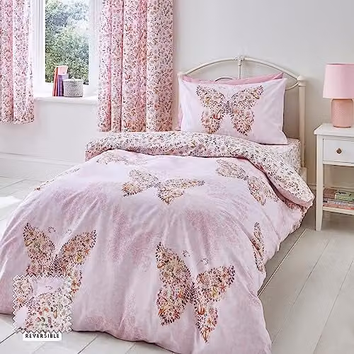 Catherine Lansfield Enchanted Butterfly Reversible Double Duvet Cover Set with Pillowcases, Pink, W/D/H: 200 x 200 cm, Pillowcases: 50 x 75 cm