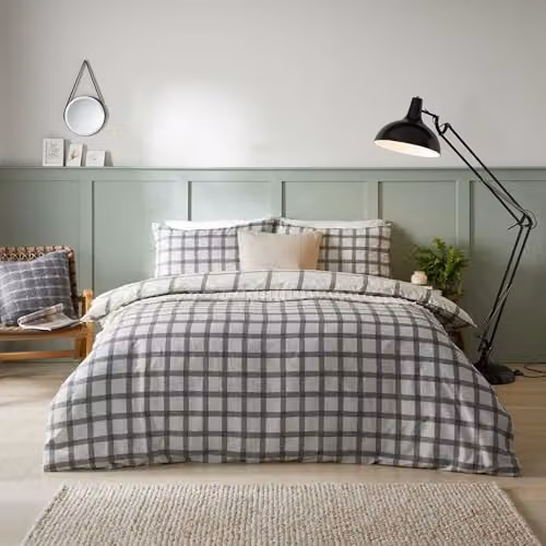 Riva Home Canberra Grey Checked Reversible Duvet Cover Set, W/D/H: 140 x 200 cm