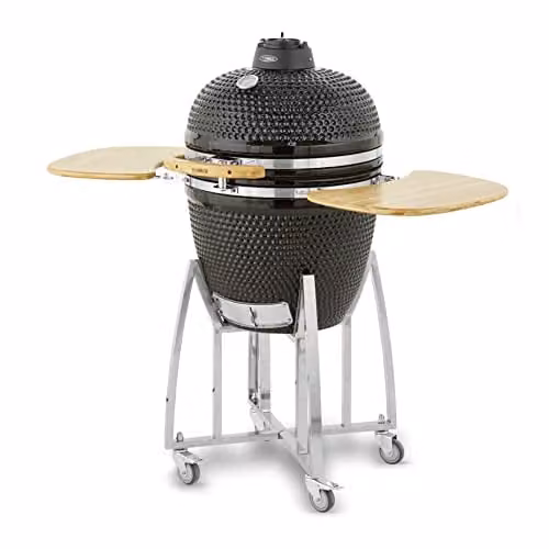 Tower Kamado XL Ceramic Charcoal BBQ with Collapsible Wooden Shelves, Built-in Thermometer and Waterproof Cover, Black