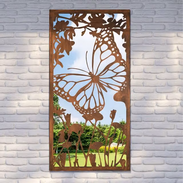 MirrorOutlet Metal Butterfly Silhouette Rusted Hanging Garden Mirror in Bronze