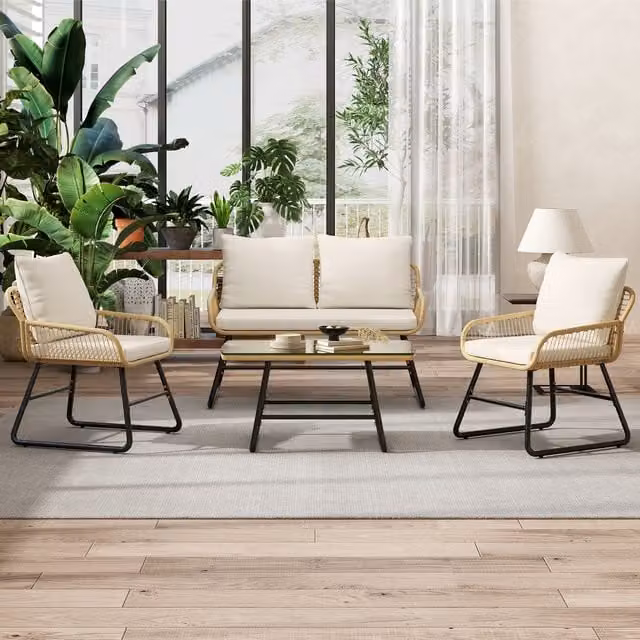 Yaheetech 4-Seater Boho Wicker Patio Furniture Set with Upholstered Cushions in Beige and White
