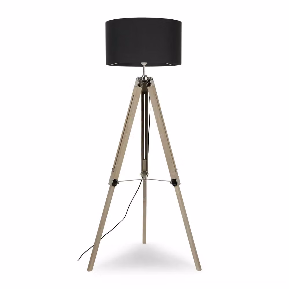 ValueLights Clipper Tripod Floor Lamp with Brown Wood Base and Charcoal Fabric Cylinder Shade in Silver – 2