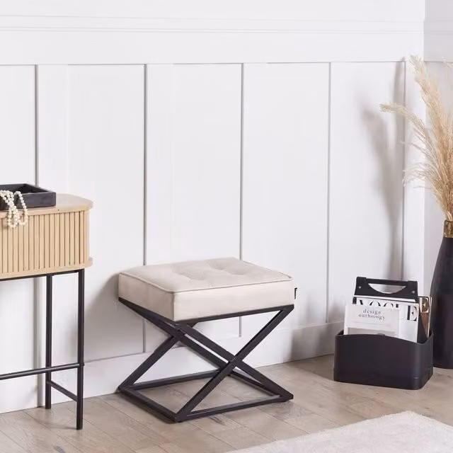 Wyld and Coco Beige Faux Leather Tufted Rectangular Footstool with Metal Legs