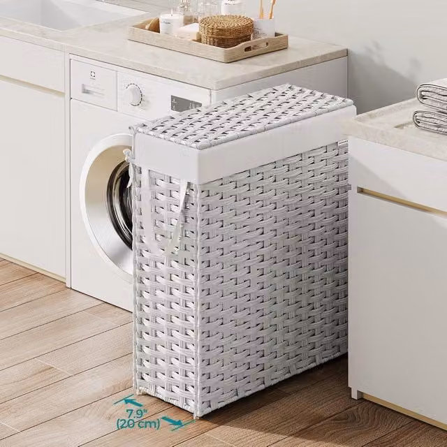 SONGMICS Slim Laundry Basket with Lid and Removable Liners, White Synthetic Rattan, Collapsible