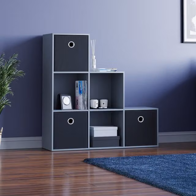 Vida Designs Durham 6 Cube Staircase Storage Unit in Grey with 3 Black Baskets