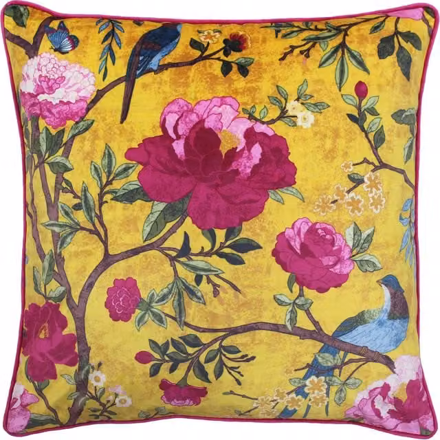 Paoletti Chinoiserie Floral Square Cushion in Gold, Pink and Yellow with Removable Polyester and Feather Cover