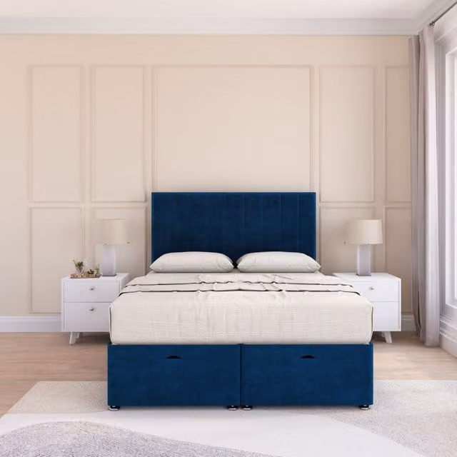Sloomy Kansas Double Ottoman Bed with Sprung Memory Mattress and 54 Inch Floorstanding Headboard in Navy Blue