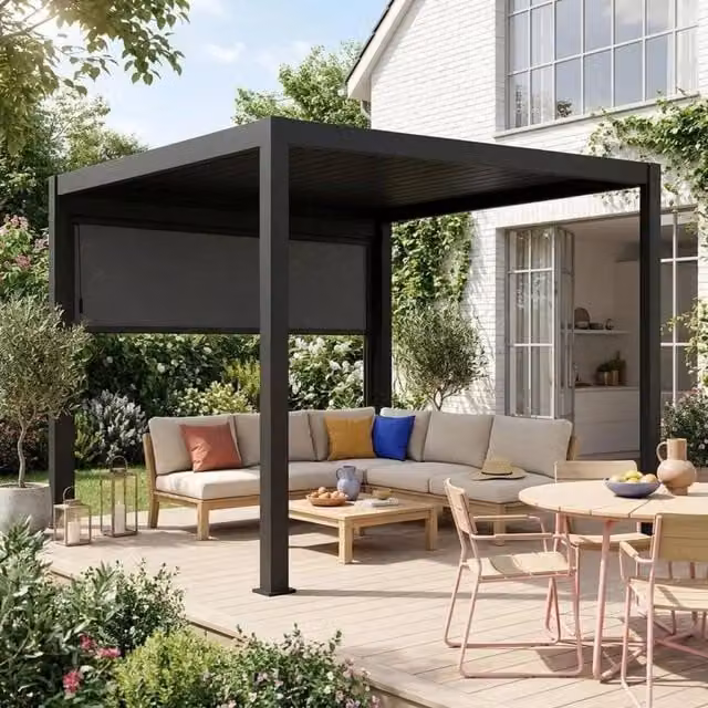 Sweekeet V2 Aluminium Louvered Pergola with 3m Blind in Dark Grey, W: 300 cm, D: 300 cm, H: 255 cm