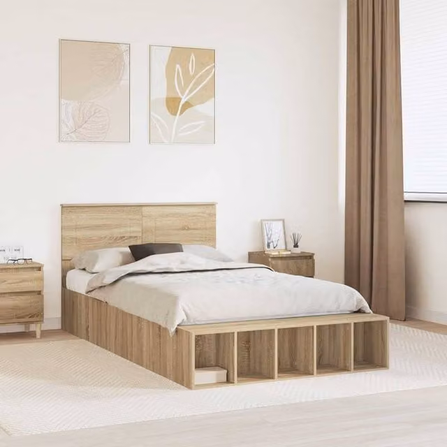 Berkfield Home Bed Frame with Bedside Shelf in Sonoma Oak Brown, W/D/H: 120 x 190 cm – 1