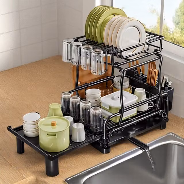 Lifeideas 2-Tier Black Coated Steel Dish Drainer with Retractable Drip Tray