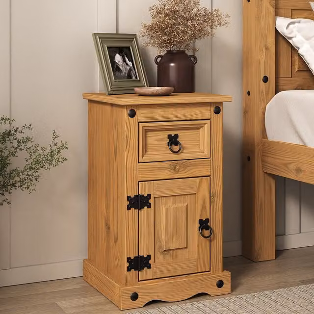 Mews Rustic Waxed Pine Bedside Table in Brown