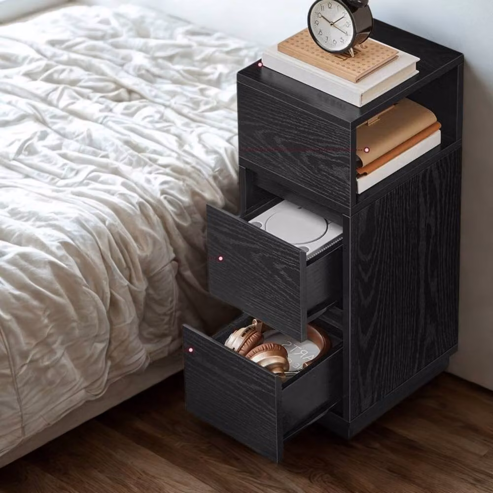 Pirlo Plush Black Square Bedside Nightstand with 2 Drawers and Shelf – 4