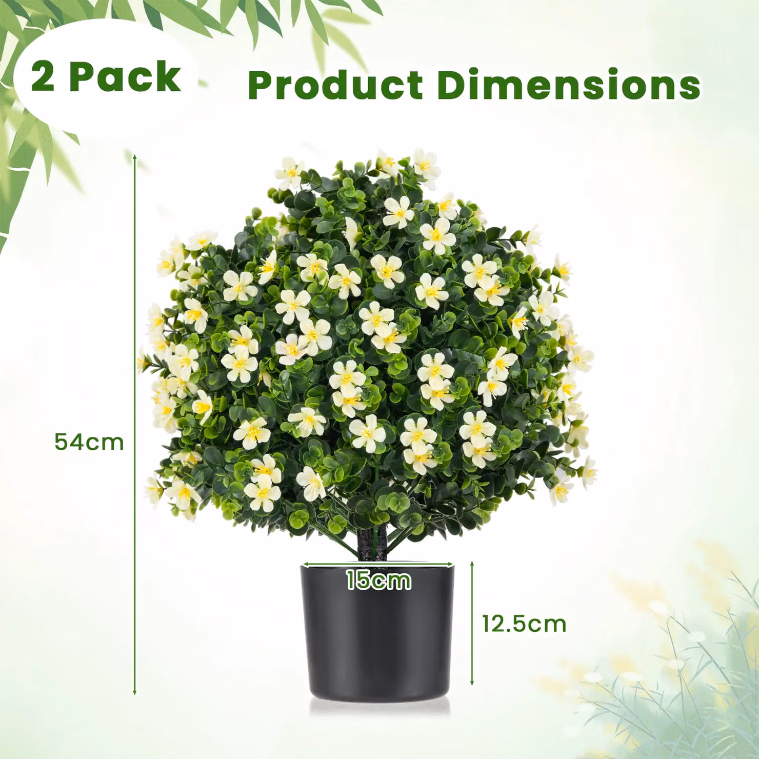 Gymax 2-Pack Artificial Boxwood Topiary Ball Trees with Flowers in White Pots, Height: 54 cm – 4