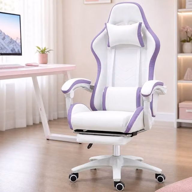 STILVORA Purple and White Synthetic Leather Gaming Chair with Footrest and Headrest – 1