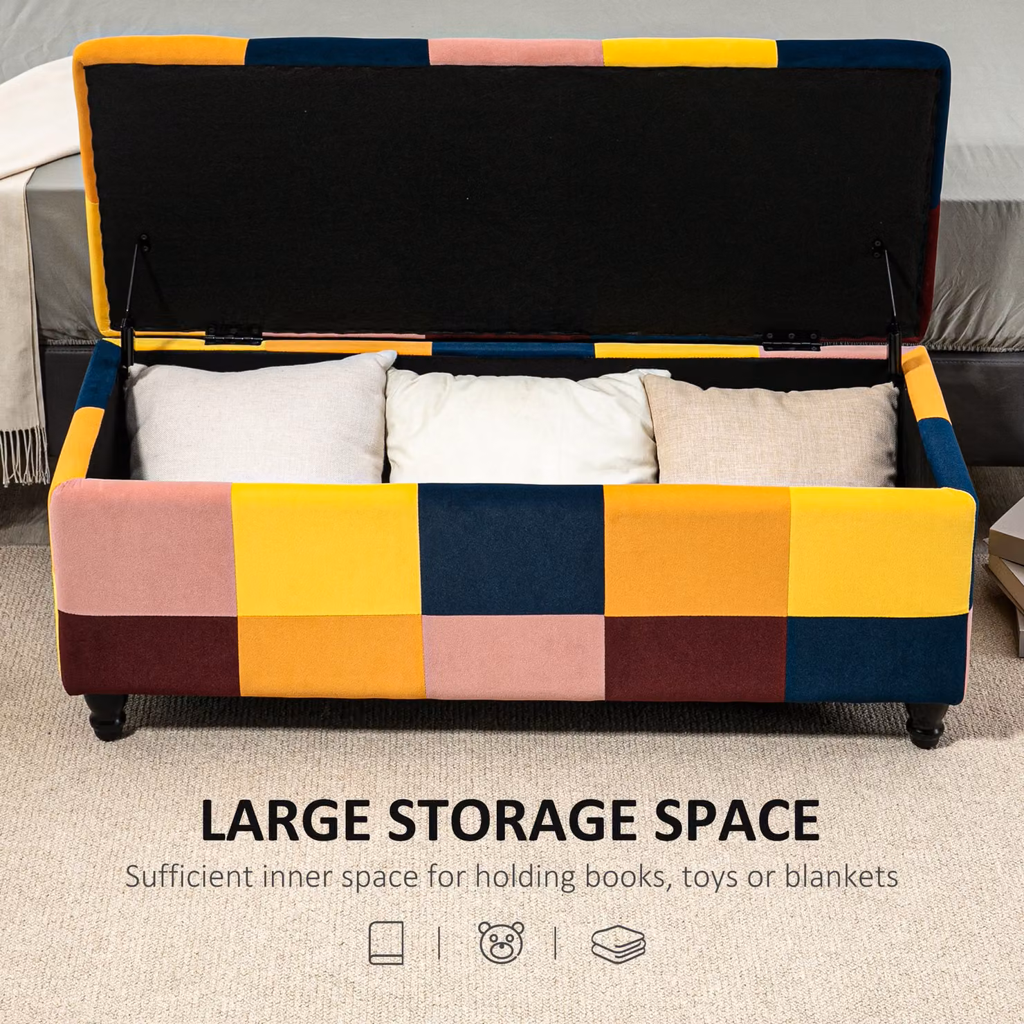 HOMCOM Multicoloured Velvet Storage Ottoman, Rectangular Button-Tufted Footstool with Lid, W/D/H: 114 x 47 x 47 cm – 4