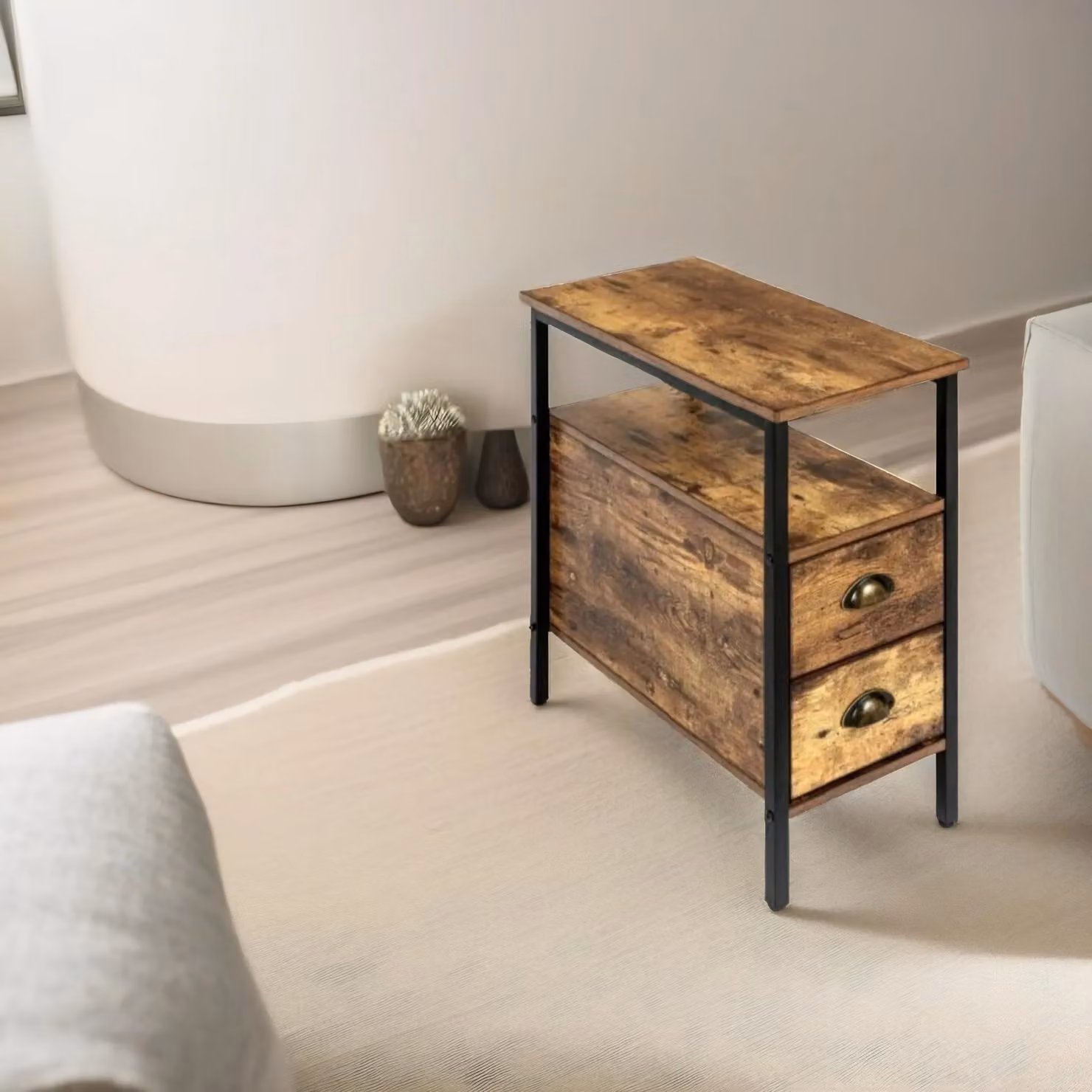 Pirlo Plush Bedside Table with 2 Drawers in Rustic Brown and Black – 2
