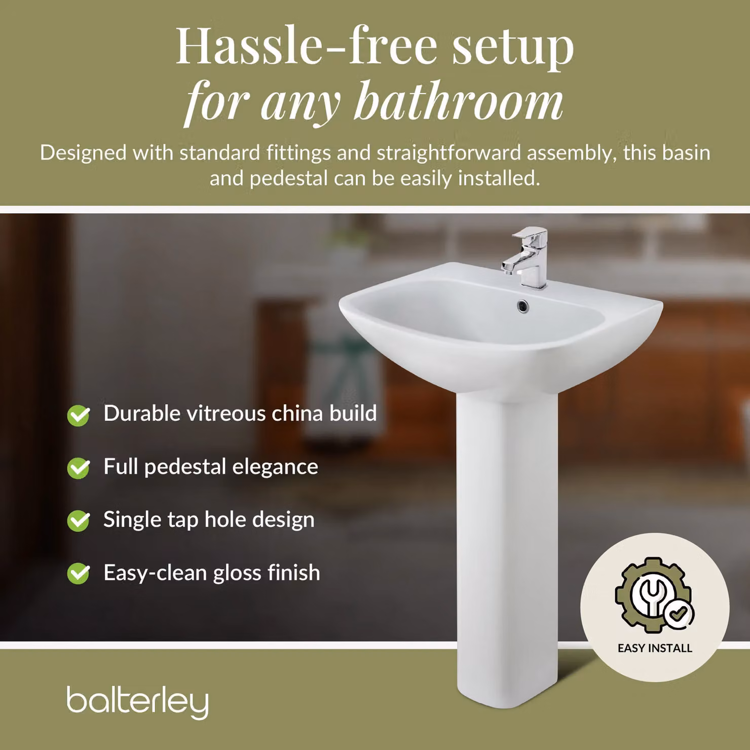 Balterley Soft Square 1 Tap Hole Basin with Full Pedestal, White, Width: 54.5 cm – 3